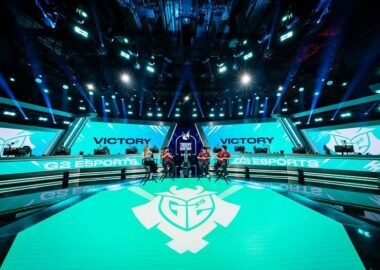 LEC Spring Champions G2 sit on stage being interviewed