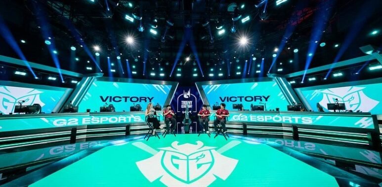 LEC Spring Champions G2 sit on stage being interviewed