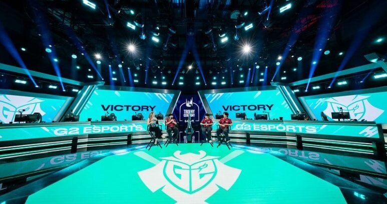 LEC Spring Champions G2 sit on stage being interviewed