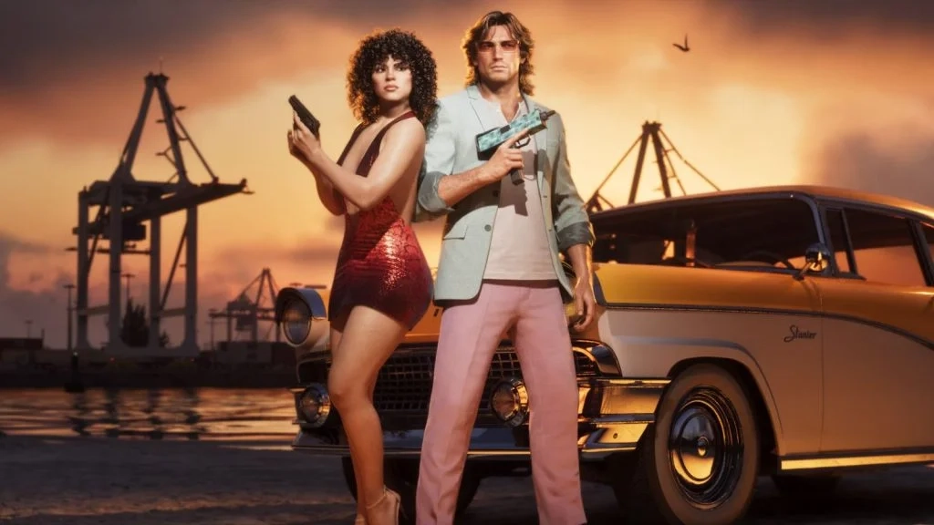 Jason e Lucia segurando armas em GTA 6