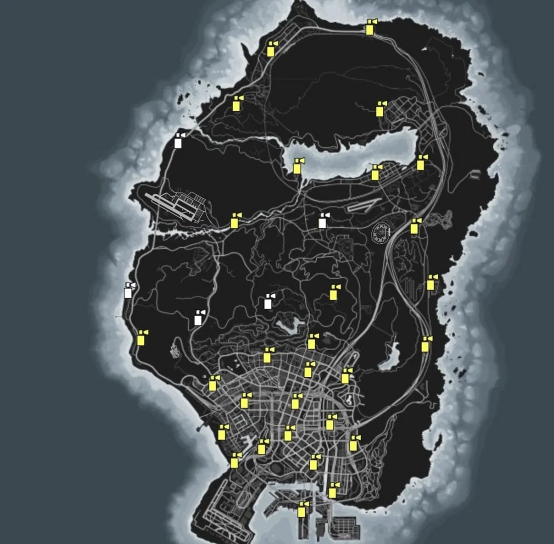 mapa do mapa do gta online com logotipos de lata de spray amarelo e branco