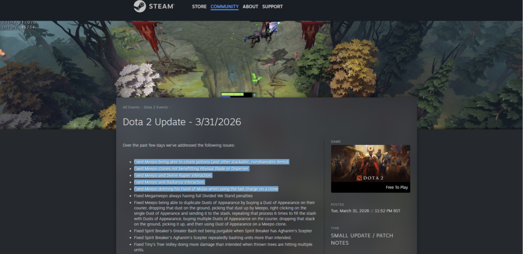 captura de tela da atualização do dota 2 em 31/03/2026 no Steam