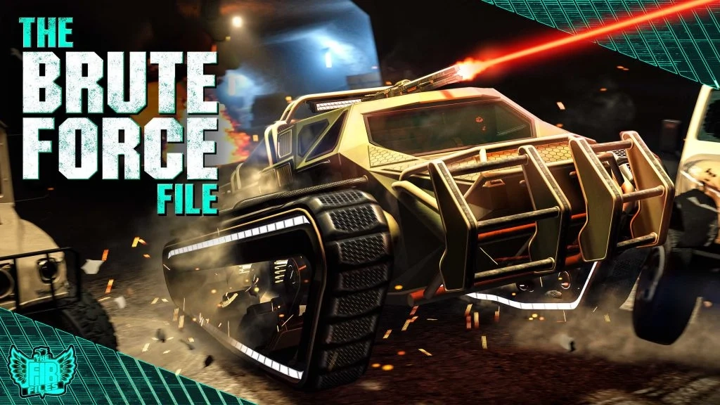 Um veículo militar futurista e fortemente blindado, um Escaravelho, é destaque nesta captura de tela do GTA V. Uma metralhadora montada em seu teto dispara um raio vermelho brilhante. O texto do título "O ARQUIVO DE FORÇA BRUTA" está sobreposto no lado esquerdo da imagem em uma fonte branca em negrito e desgastada.