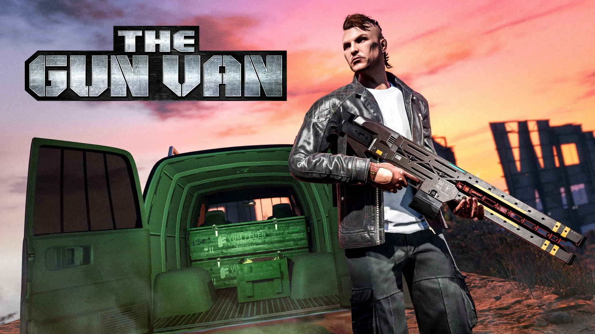 Imagem do GTA Online Gun Van com um personagem masculino segurando uma arma de fogo na frente da van. O personagem tem penteado moicano e veste jaqueta de couro preta e jeans. A porta do caminhão está aberta, revelando o interior. O texto "A VAN DE ARMAS" está visível no canto superior esquerdo. O fundo mostra um céu pôr do sol com a parte de trás da placa de Vinewood ao fundo.