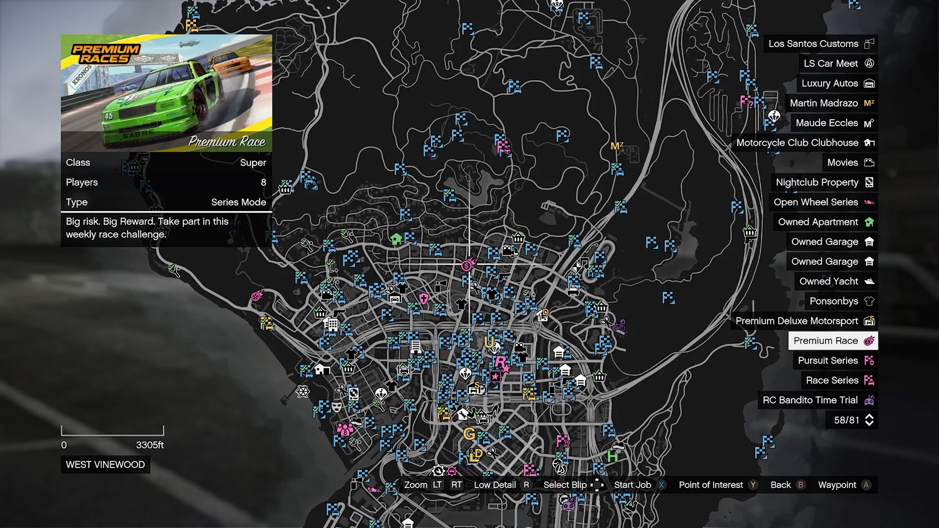 Mapa do GTA V mostrando a localização da Corrida Premium.