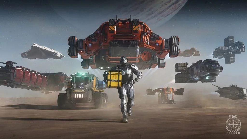 Personagem Star Citizen com veículos