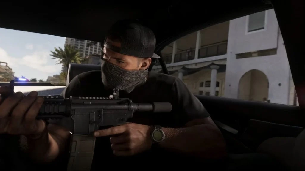 Jason em GTA 6 com rosto coberto e rifle de tiro