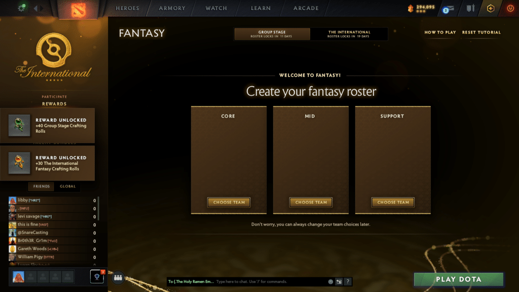 Uma imagem de uma tela de seleção de escalação do Dota 2 Fantasy em branco no The International 2026 Compendium.