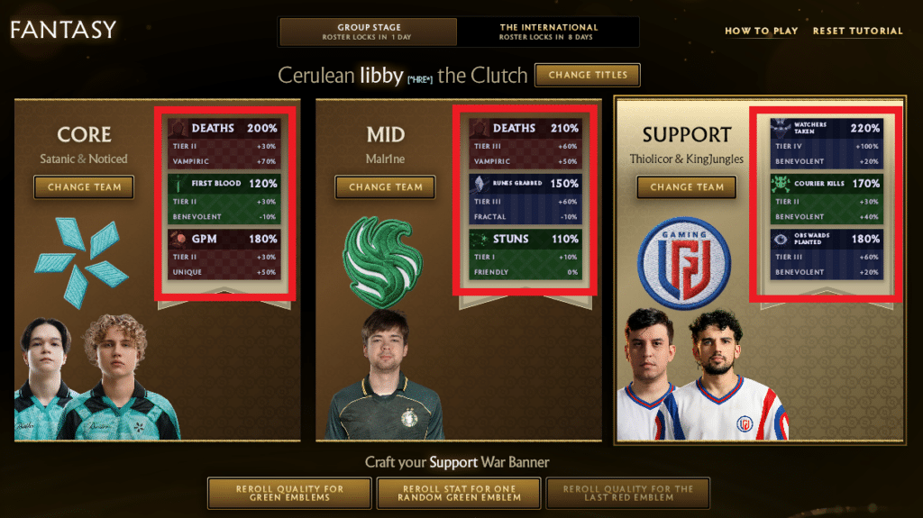 Uma captura de tela da lista do Dota 2 Fantasy, com emblemas destacados em caixas vermelhas.