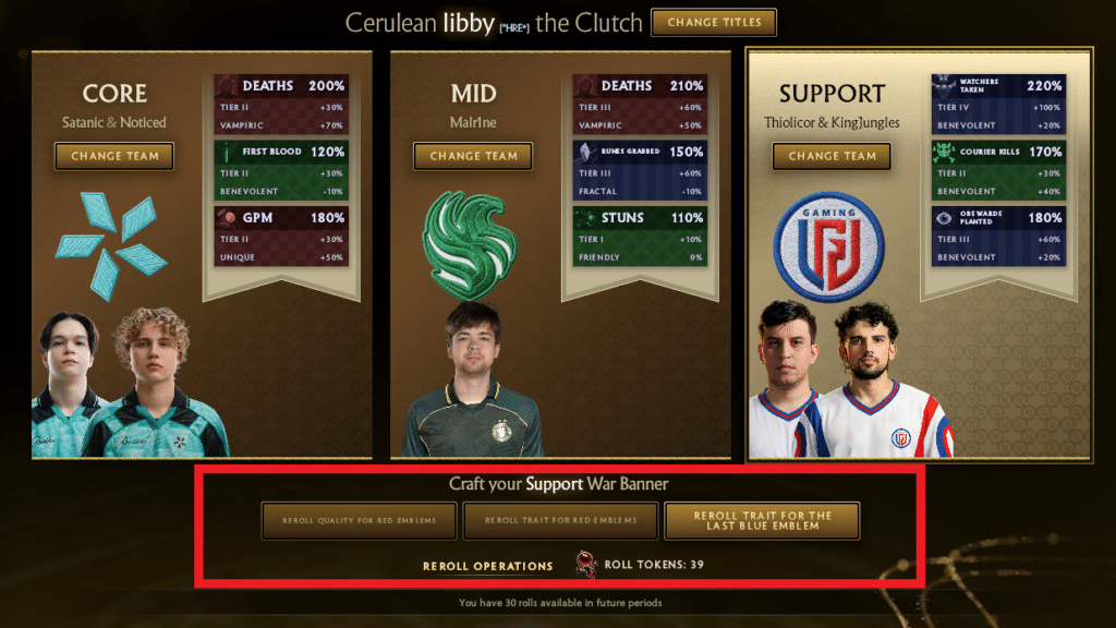 Uma captura de tela da lista do Dota 2 Fantasy, com War Banners destacados em caixas vermelhas.