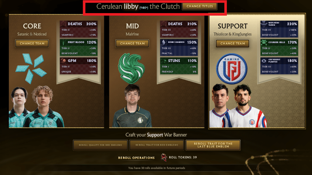 Uma captura de tela da lista do Dota 2 Fantasy, com títulos destacados em caixas vermelhas.