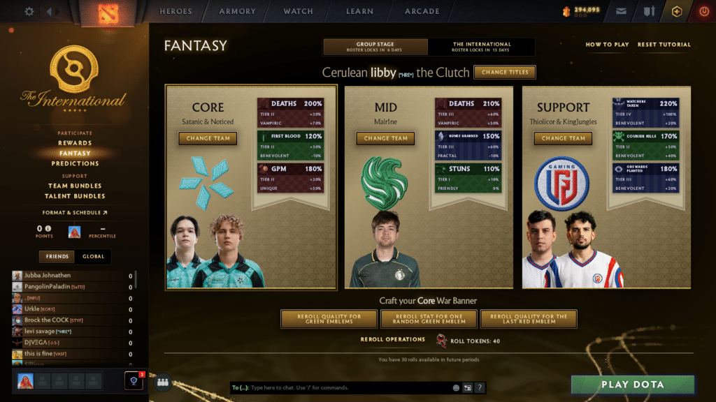 Uma imagem das escolhas do Dota 2 Fantasy para TI 2026 no Compêndio.