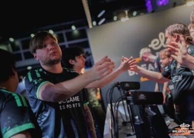 An image showing players from BC.Game shaking hands after a match at an Elisa Esports Counter-Strike event.