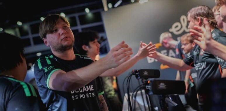 An image showing players from BC.Game shaking hands after a match at an Elisa Esports Counter-Strike event.