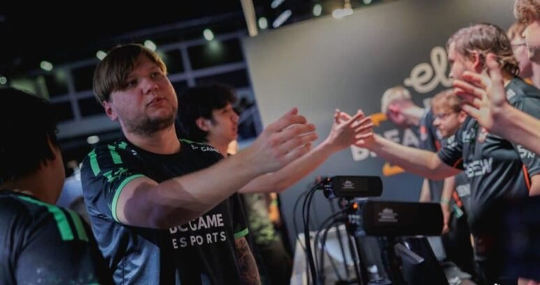 An image showing players from BC.Game shaking hands after a match at an Elisa Esports Counter-Strike event.