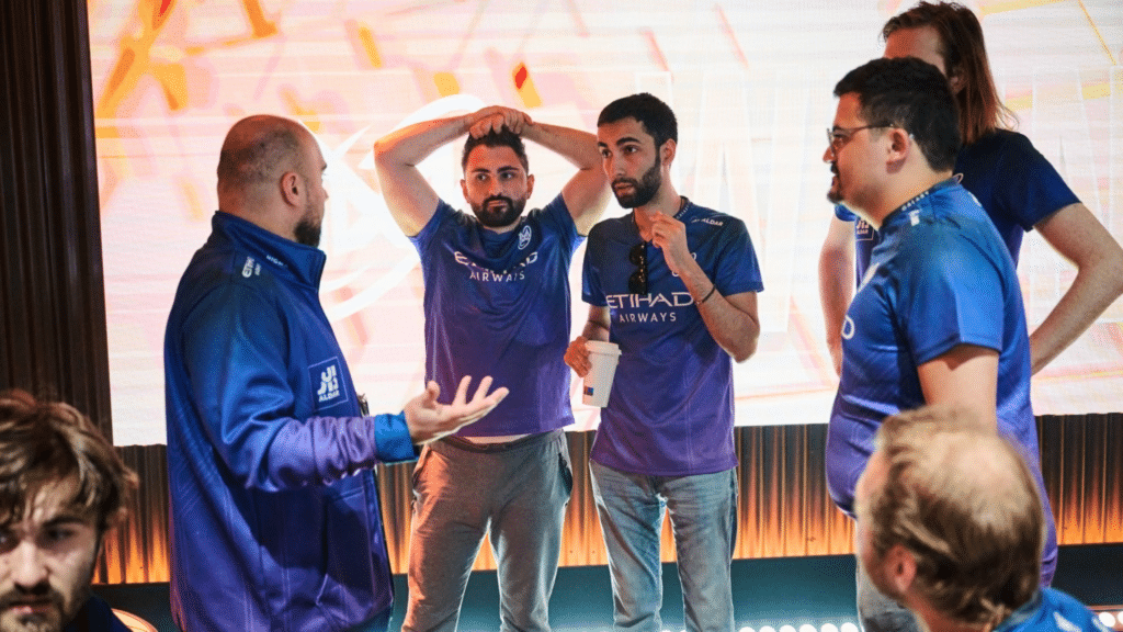 Foto da equipe Nigma Galaxy Dota 2 em um torneio de Dota 2.