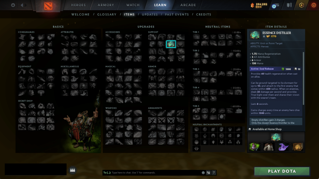 Captura de tela do inventário de itens do Dota 2, destacando o item Essence Distiller.