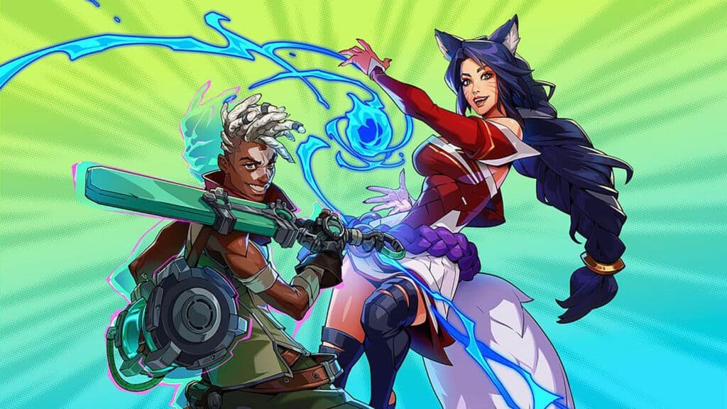 Imagem de personagens 2XKO posando enquanto seguram uma arma e lançam um feitiço azul em um fundo verde