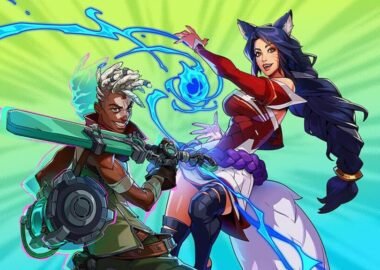Image of 2XKO characters posing while holding weapon and casting blue spell on a green background