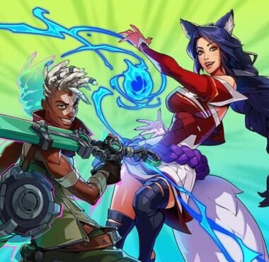 Image of 2XKO characters posing while holding weapon and casting blue spell on a green background