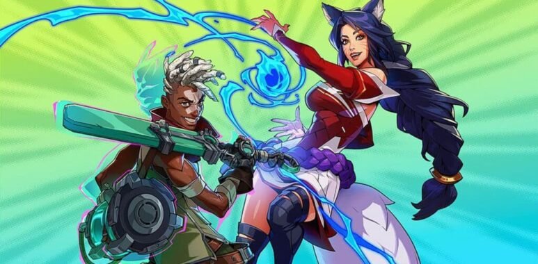 Image of 2XKO characters posing while holding weapon and casting blue spell on a green background