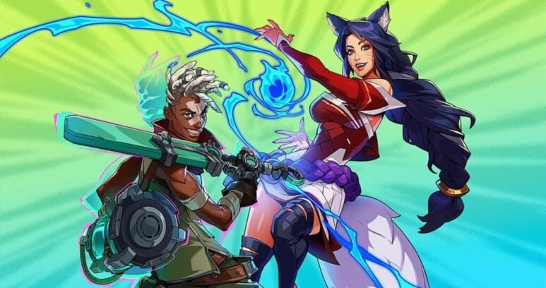 Image of 2XKO characters posing while holding weapon and casting blue spell on a green background