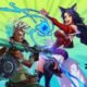Image of 2XKO characters posing while holding weapon and casting blue spell on a green background