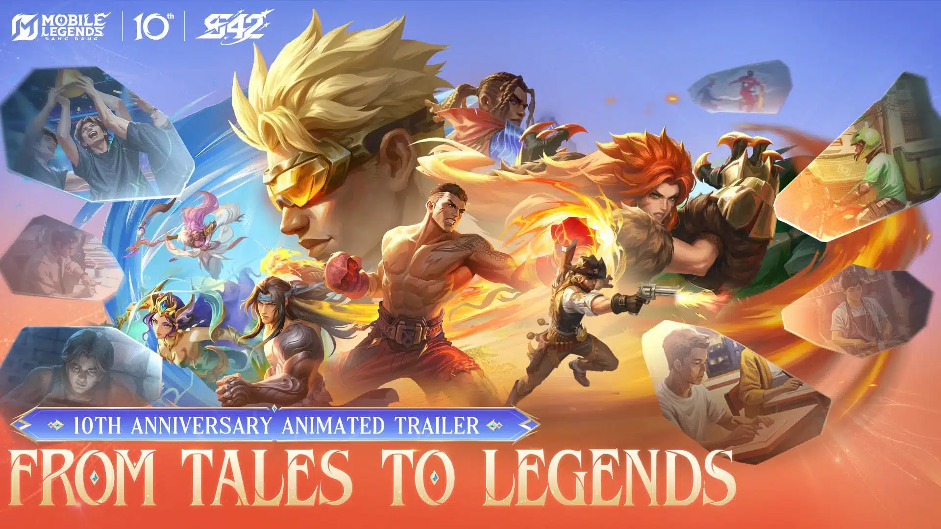 Arte promocional de Mobile Legends: Bang Bang apresentando vários personagens do jogo e o logotipo do 10º aniversário.