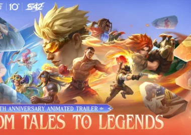 Promotional artwork for Mobile Legends: Bang Bang featuring various game characters and the 10th anniversary logo.