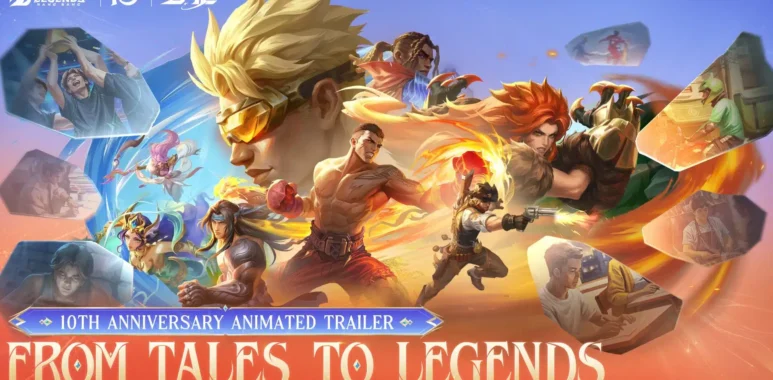 Promotional artwork for Mobile Legends: Bang Bang featuring various game characters and the 10th anniversary logo.
