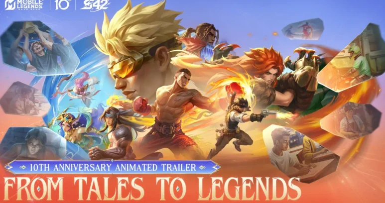 Promotional artwork for Mobile Legends: Bang Bang featuring various game characters and the 10th anniversary logo.
