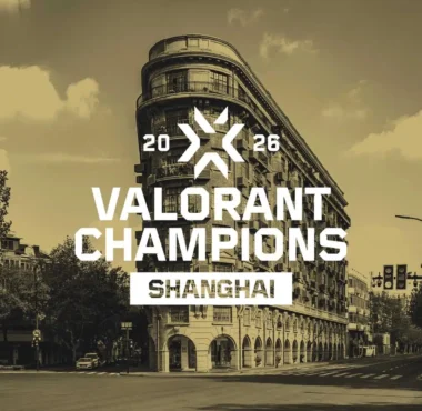 Official announcement graphic for VALORANT Champions 2026 in Shanghai featuring a city street and building.