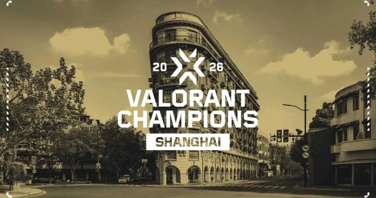 Official announcement graphic for VALORANT Champions 2026 in Shanghai featuring a city street and building.