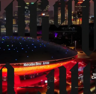 Aerial view of the Mercedes-Benz Arena in Shanghai with VALORANT Champions Shanghai 2026 branding and graphics.