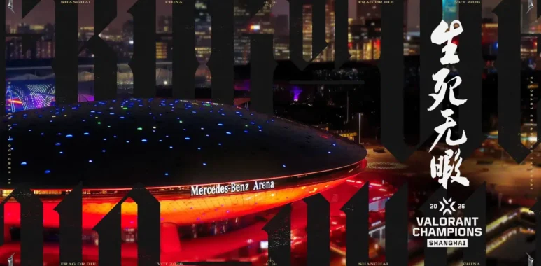 Aerial view of the Mercedes-Benz Arena in Shanghai with VALORANT Champions Shanghai 2026 branding and graphics.