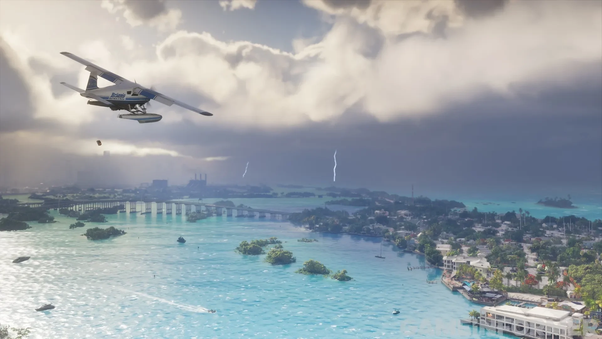 Vista aérea de um hidroavião Dodo sobrevoando as ilhas tropicais e as águas oceânicas de Vice City em Grand Theft Auto VI durante uma tempestade.   