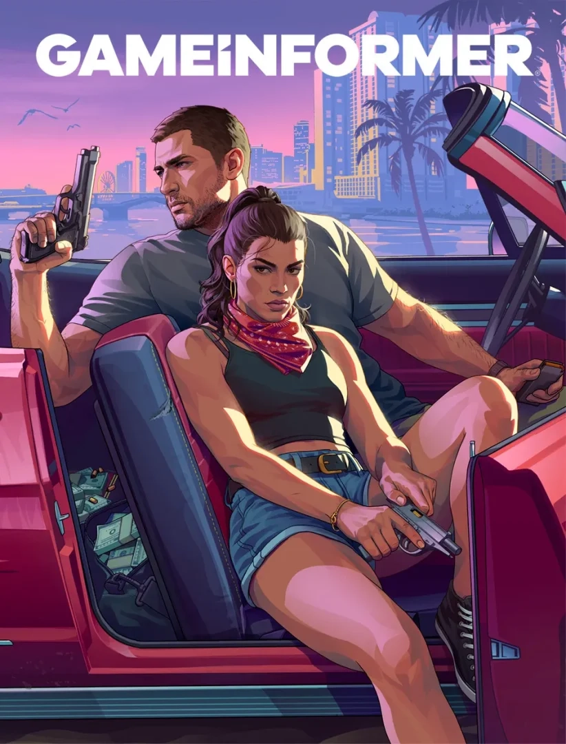 Arte oficial do GTA 6 do Game Informer apresentando os dois protagonistas Lucia e Jason dentro de um carro esportivo conversível vermelho crivado de balas em Vice City. Lucia está sentada no batente da porta do passageiro, vestindo shorts jeans e uma bandana vermelha, segurando uma pistola, enquanto Jason segura uma arma atrás do volante contra um fundo de pôr do sol tropical.