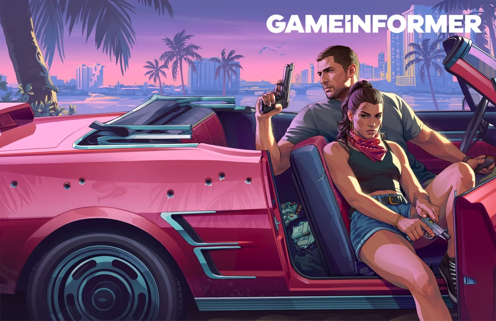 Arte oficial do GTA 6 do Game Informer apresentando os dois protagonistas Lucia e Jason dentro de um carro esportivo conversível vermelho crivado de balas em Vice City. Lucia está sentada no batente da porta do passageiro, vestindo shorts jeans e uma bandana vermelha, segurando uma pistola, enquanto Jason segura uma arma atrás do volante contra um fundo de pôr do sol tropical.