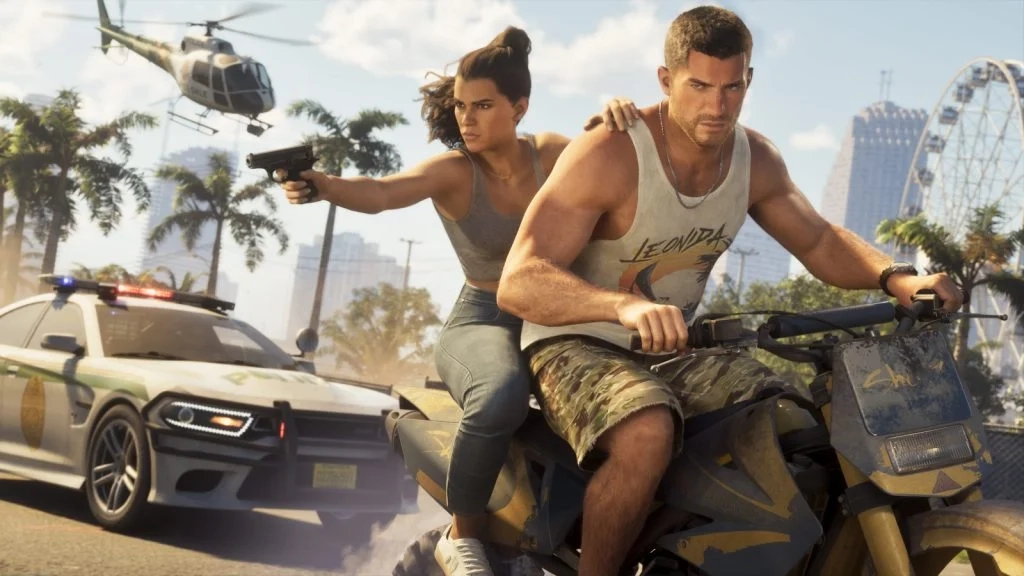 Jason e Lucia fugindo da polícia de bicicleta no GTA 6
