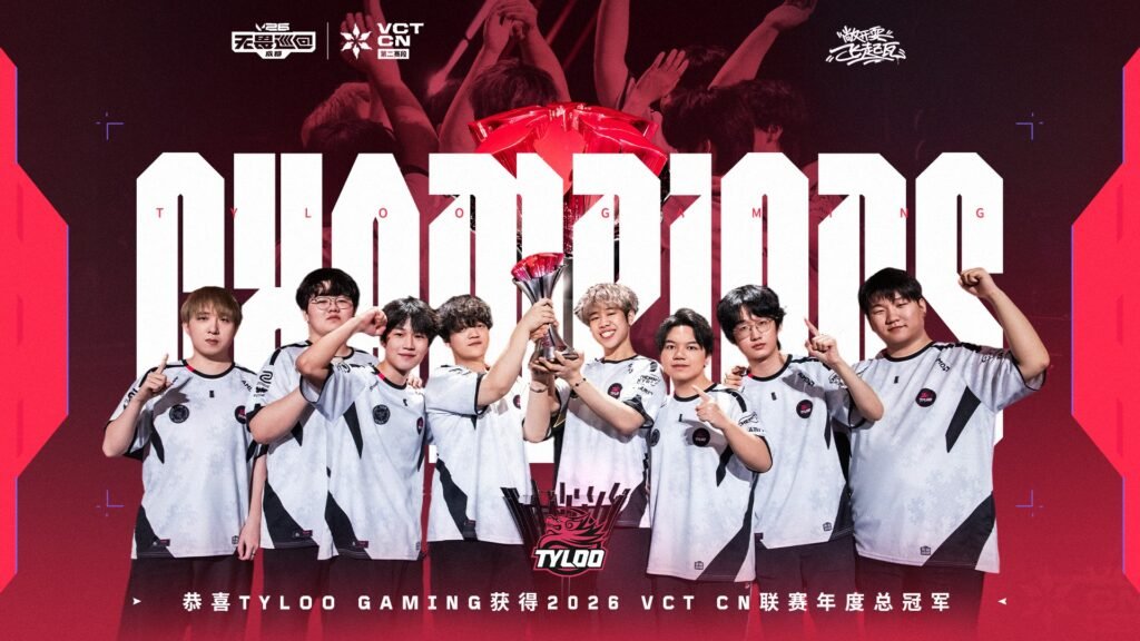 Imagem da equipe chinesa VALORANT TYLOO, retratando-os como campeões do VCT 2026 China Stage 2.