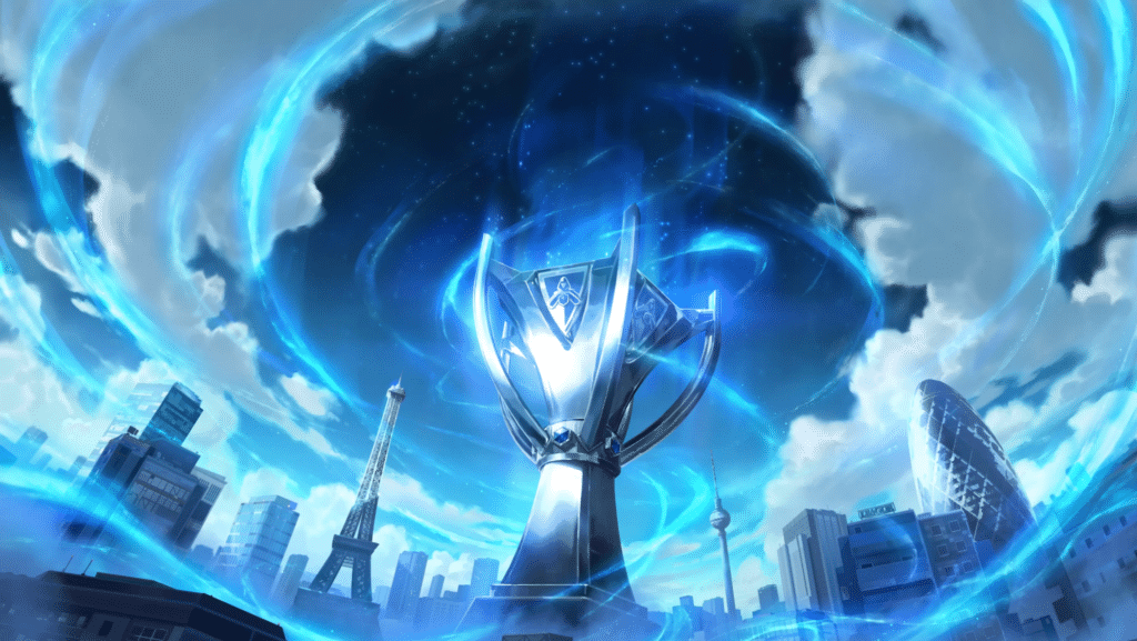 Arte promocional do Campeonato Mundial de League of Legends de 2024 (Worlds 2024), apresentando a Summoner's Cup cercada por marcos icônicos das cidades-sede (Berlim, Paris e Londres).