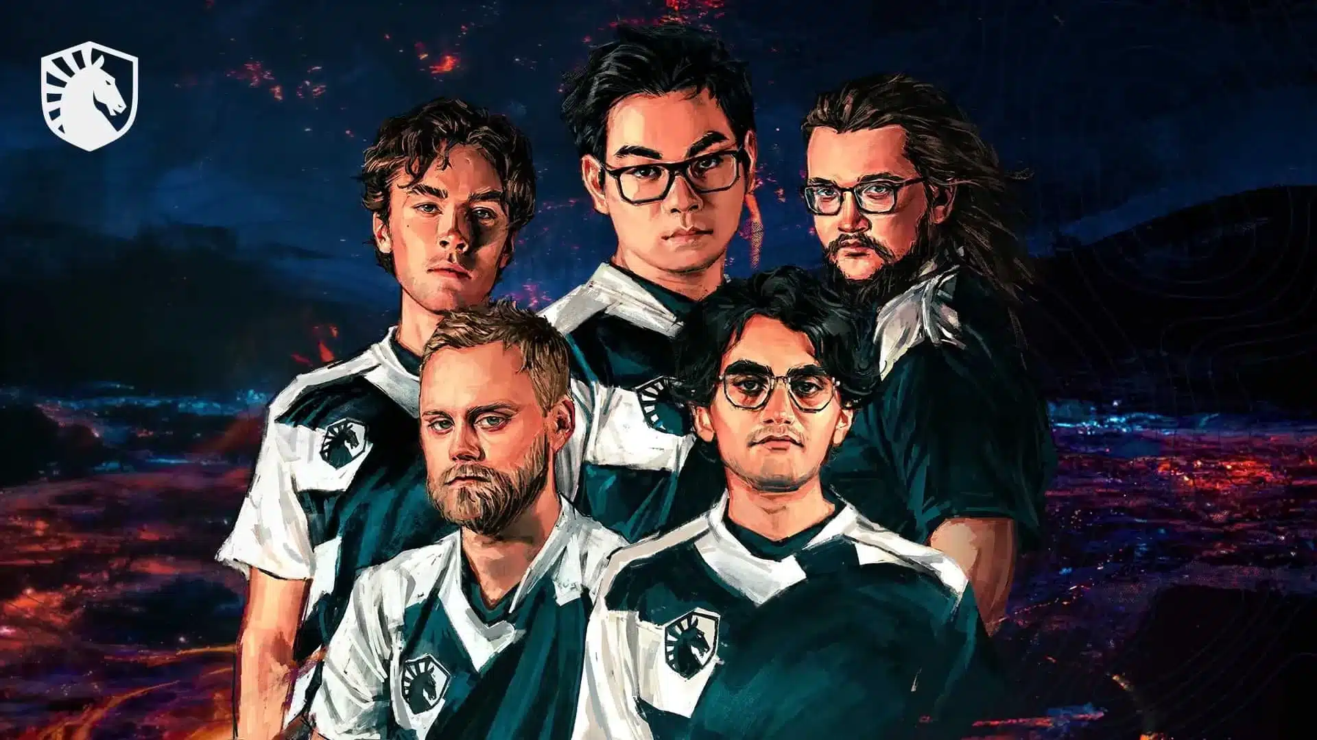 Uma ilustração artística de cinco jogadores do Team Liquid Dota 2 em camisetas do time contra um fundo escuro e ardente.