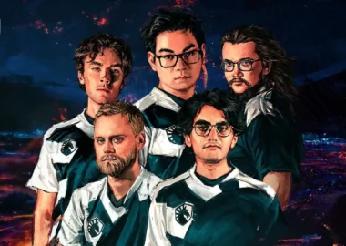 An artistic illustration of five Team Liquid Dota 2 players in team jerseys against a dark, fiery background.