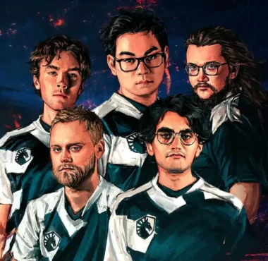 An artistic illustration of five Team Liquid Dota 2 players in team jerseys against a dark, fiery background.