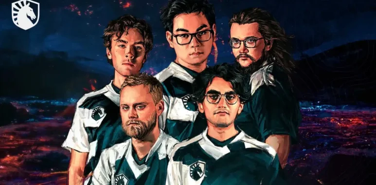 An artistic illustration of five Team Liquid Dota 2 players in team jerseys against a dark, fiery background.