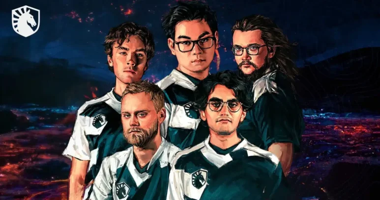 An artistic illustration of five Team Liquid Dota 2 players in team jerseys against a dark, fiery background.