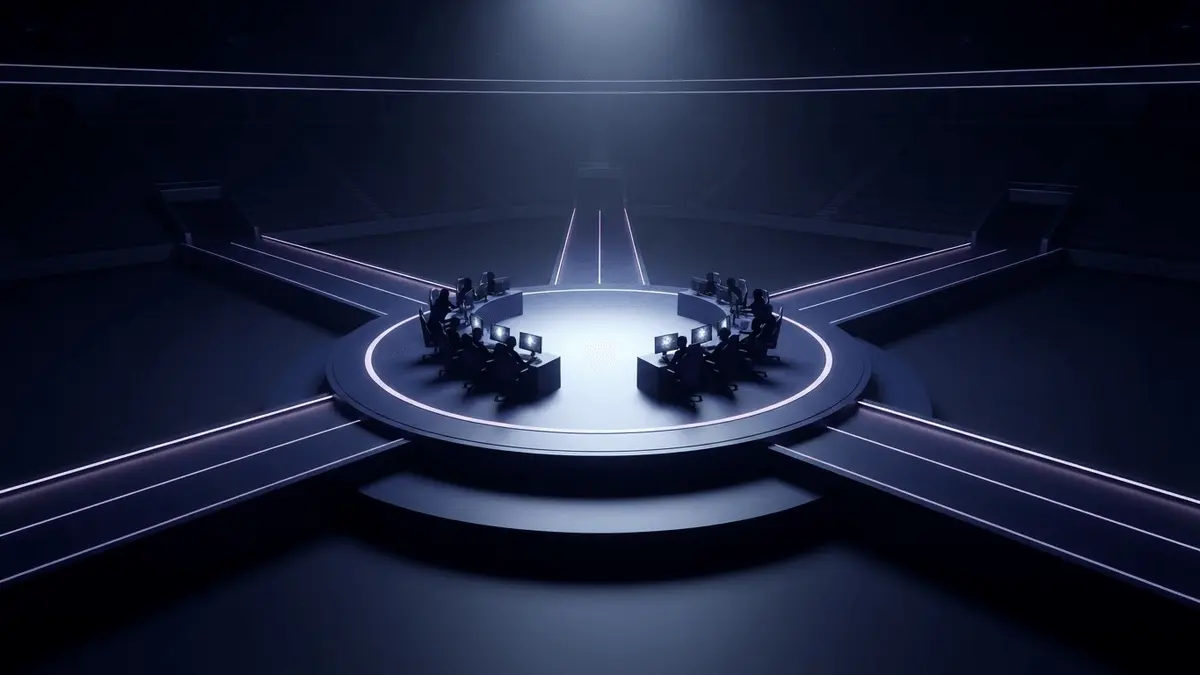 Arena dramática de playoffs de esportes eletrônicos com caminhos iluminados em violeta simbolizando uma chave de torneio Dota 2 remodelada