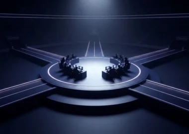 Dramatic esports playoff arena with violet-lit pathways symbolising a reshaped Dota 2 tournament bracket