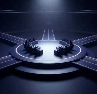 Dramatic esports playoff arena with violet-lit pathways symbolising a reshaped Dota 2 tournament bracket