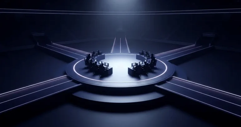 Dramatic esports playoff arena with violet-lit pathways symbolising a reshaped Dota 2 tournament bracket